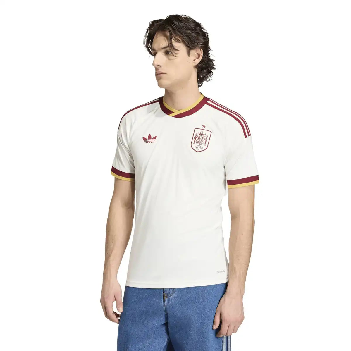 Model wearing Spain 2026 away white soccer jersey