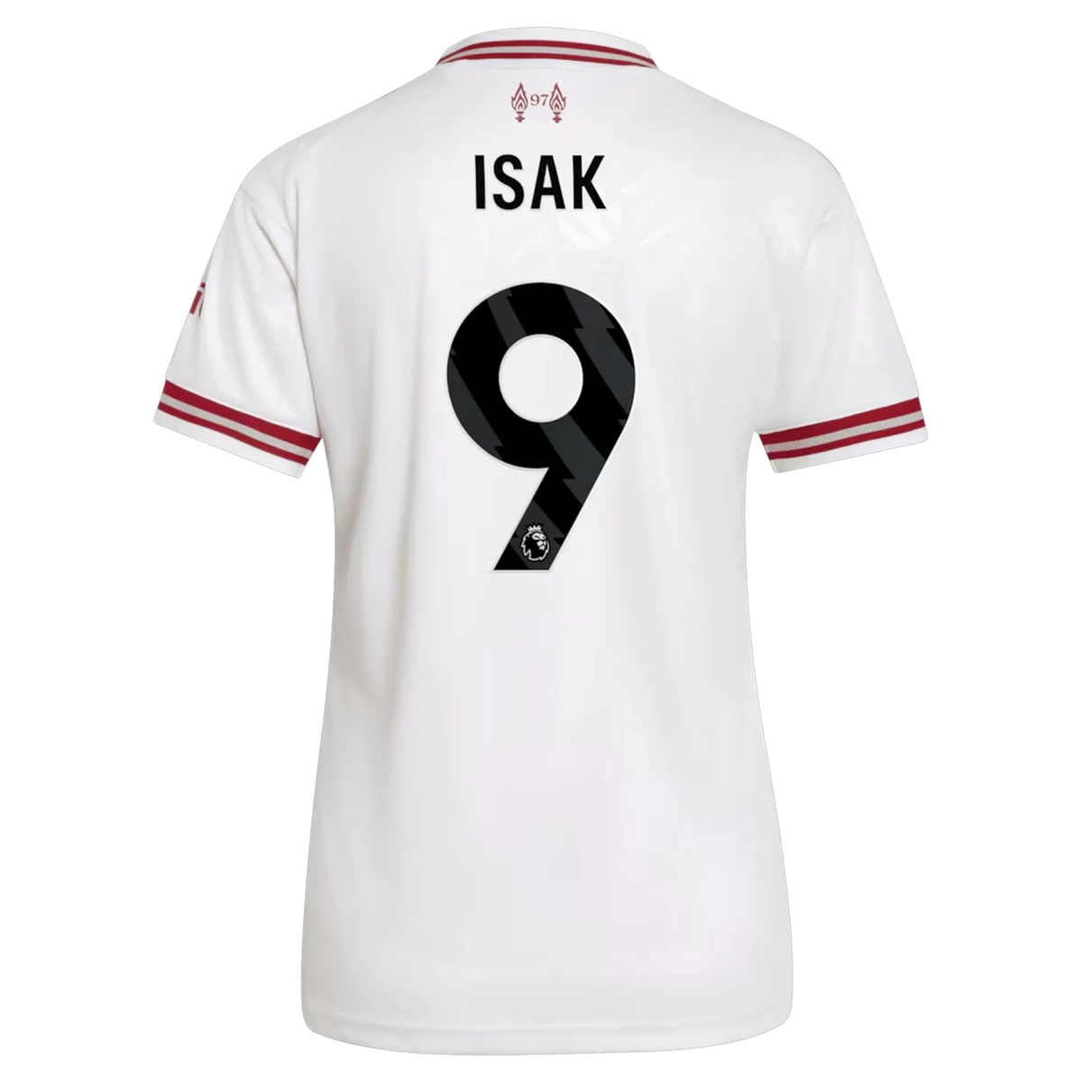 Back view of women's Liverpool 2026-2027 away white replica football shirt with Alexander Isak name and number 14 printing by Final Third Kit