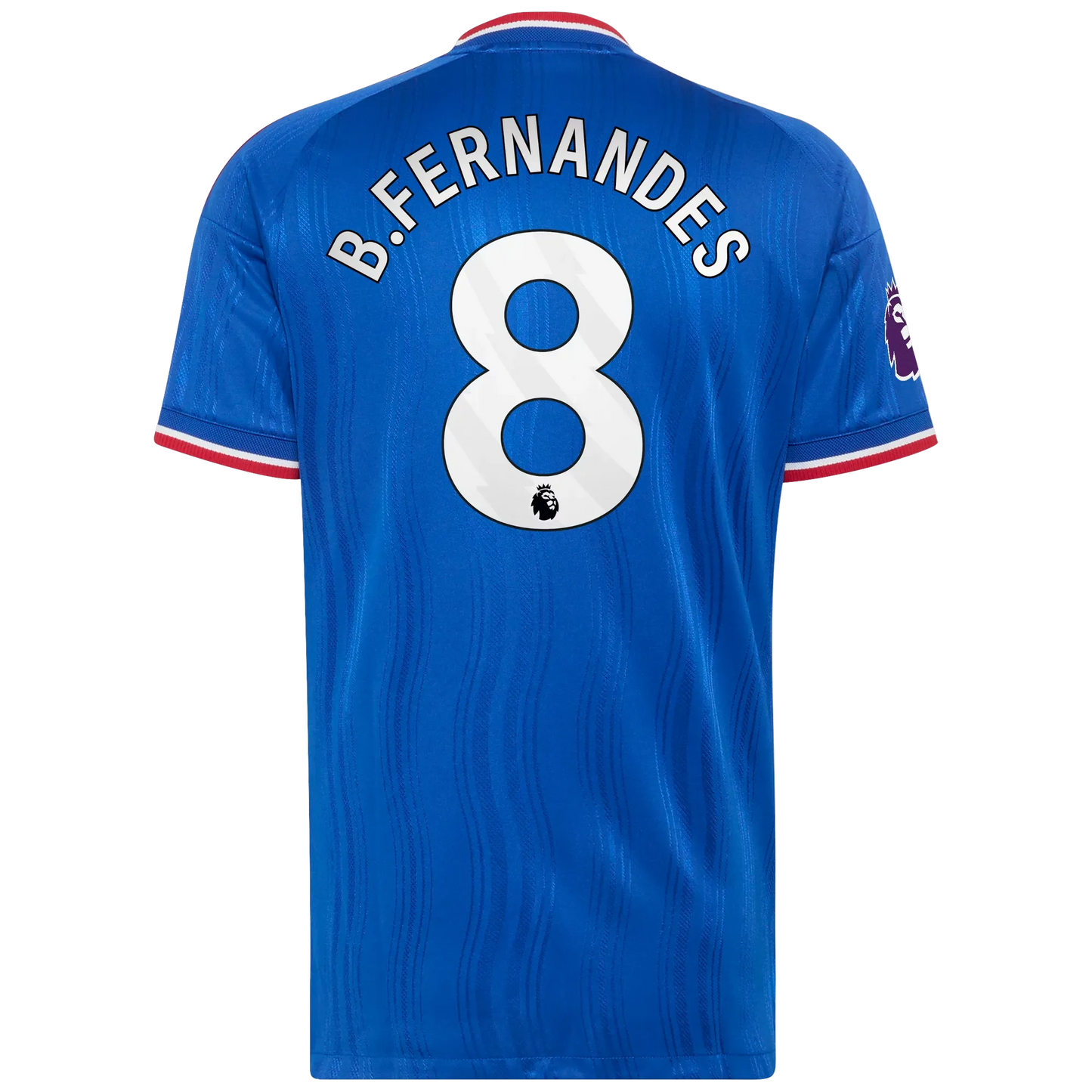 Back view of men's Manchester United 2026-2027 away royal blue on-field authentic football shirt with Bruno Fernandes name and number 8 printing by Final Third Kit