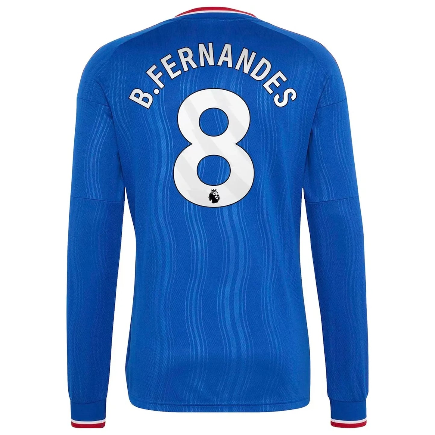 Back view of men's Manchester United 2026-2027 away royal blue replica long sleeve football shirt with Bruno Fernandes name and number 8 printing by Final Third Kit
