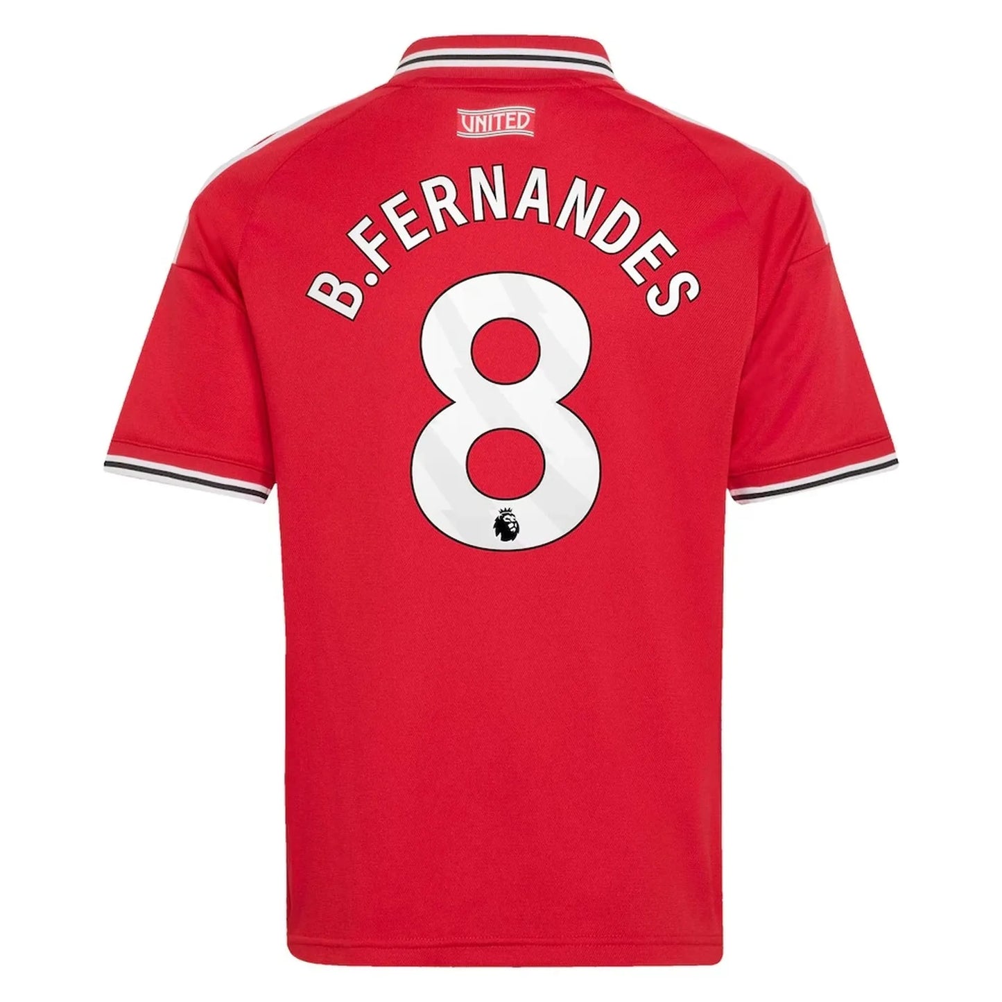 Back view of youth Manchester United 2026-2027 home red football shirt with Bruno Fernandes name and number 8 printing by Final Third Kit