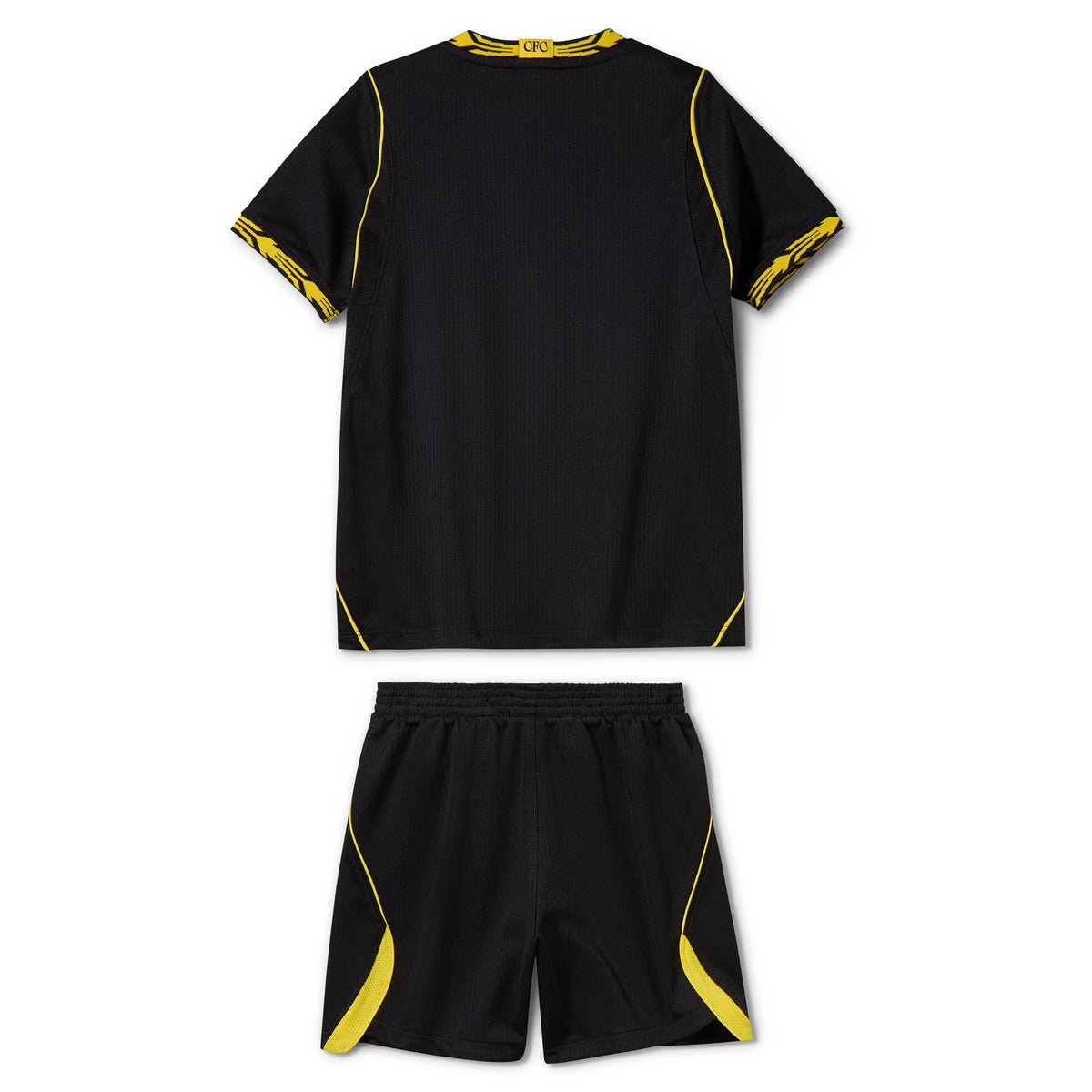 A black athletic two-piece kit featuring a short-sleeve jersey and matching shorts, both with yellow piping details along the collar, sleeve cuffs, and side panels.