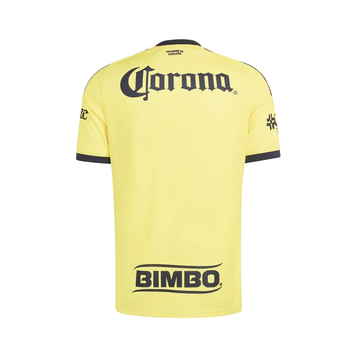 Yellow short-sleeve soccer jersey shown from the back, featuring a large black Corona logo across the upper back, a smaller black logo on the sleeve, and a large black Bimbo logo near the lower back.