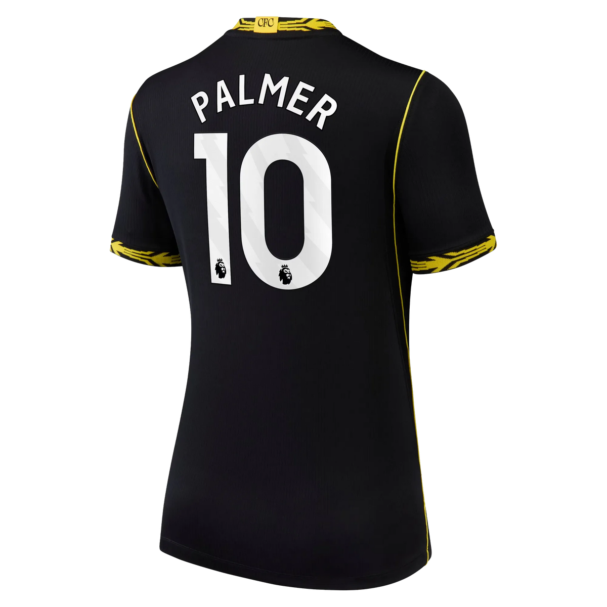 Back view of women's Chelsea 2026-2027 away black football shirt with Cole Palmer name and number printing by Final Third Kit