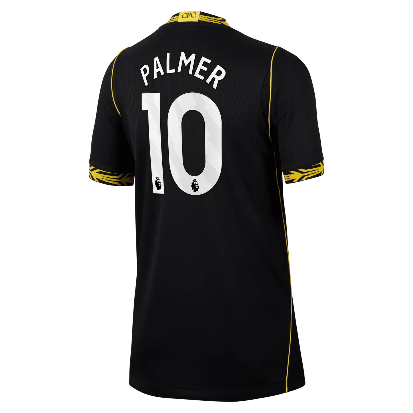 Back view of youth Chelsea 2026-2027 away black football shirt with Cole Palmer name and number printing by Final Third Kit