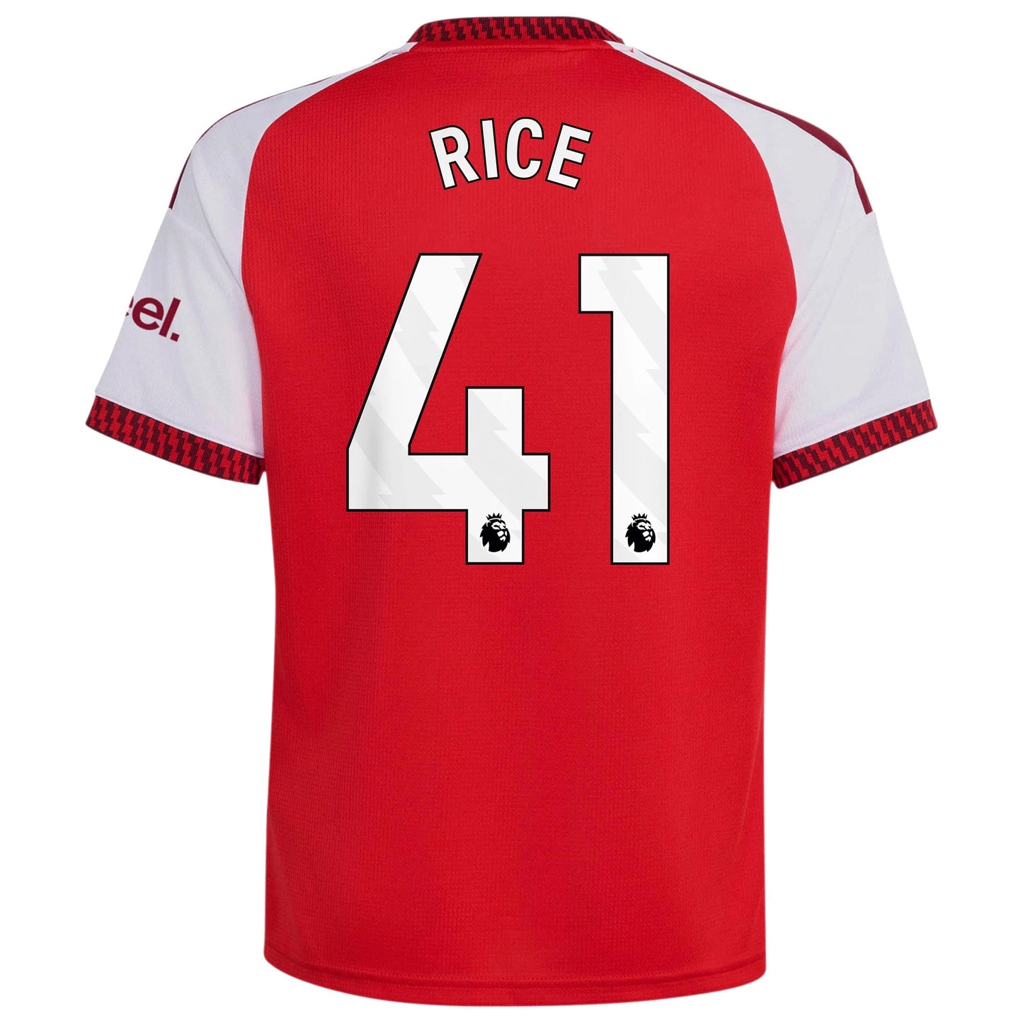 Back view of youth Arsenal 2026-2027 home red football shirt with Declan Rice name and number printing by Final Third Kit