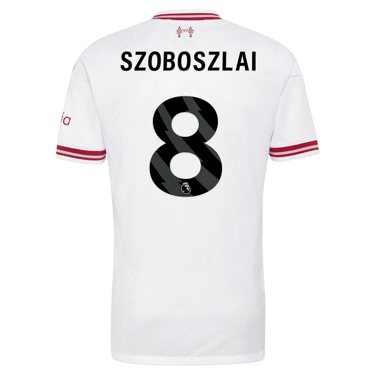 Back view of men's Liverpool 2026-2027 away white on-field authentic football shirt with Dominik Szoboszlai name and number 8 printing by Final Third Kit