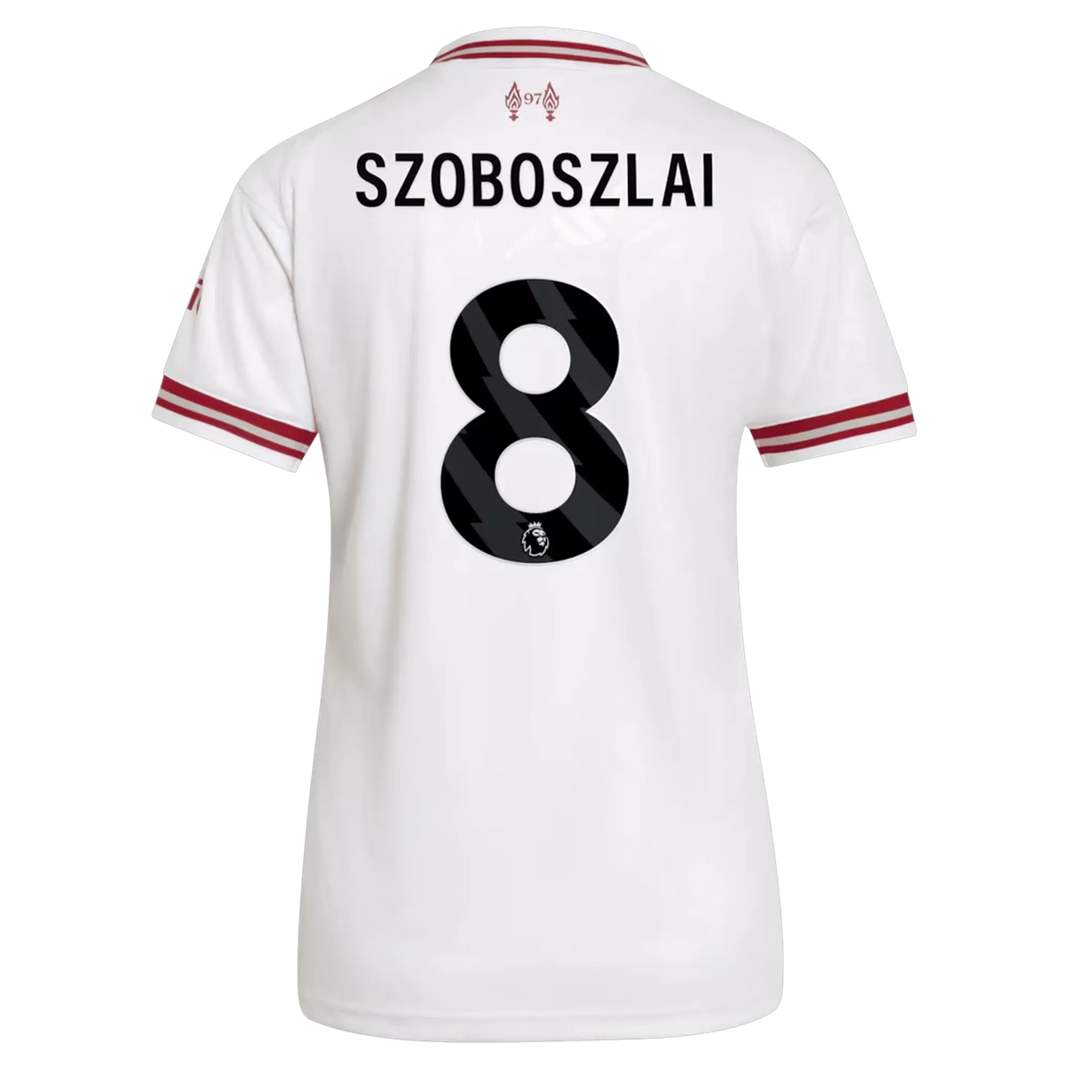 Back view of women's Liverpool 2026-2027 away white replica football shirt with Dominik Szoboszlai name and number 8 printing by Final Third Kit