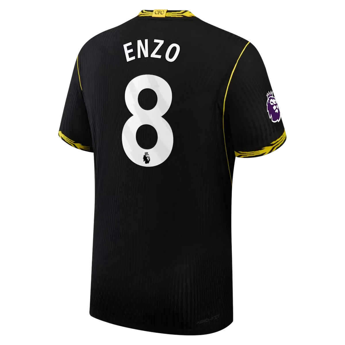 Back view of men's Chelsea 2026-2027 away black football shirt with Enzo Fernández name and number printing by Final Third Kit