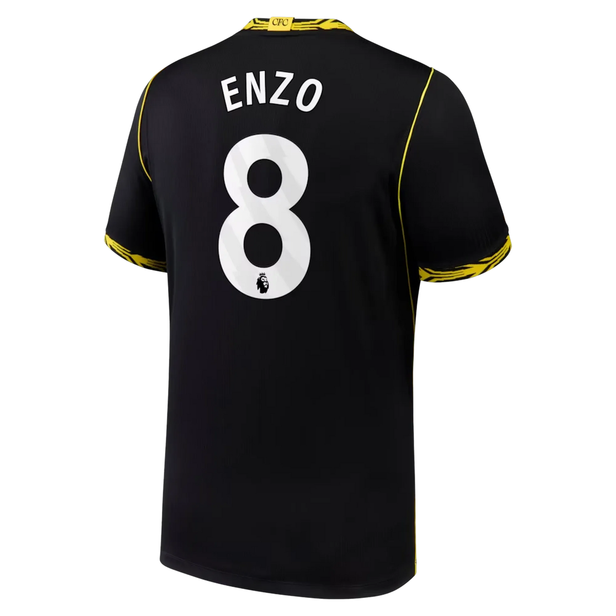 Back view of men's Chelsea 2026-2027 away black football shirt with Enzo Fernández name and number printing by Final Third Kit