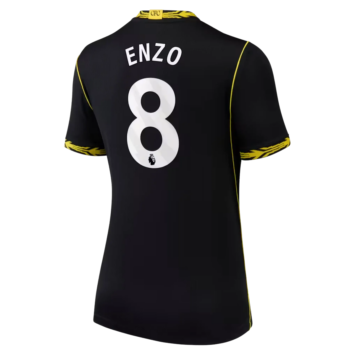 Back view of women's Chelsea 2026-2027 away black football shirt with Enzo name and number printing by Final Third Kit