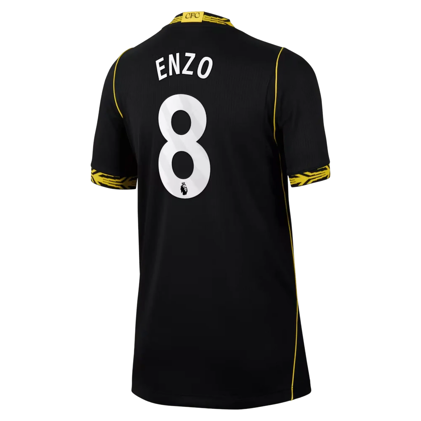 Back view of youth Chelsea 2026-2027 away black football shirt with Enzo Fernández name and number printing by Final Third Kit