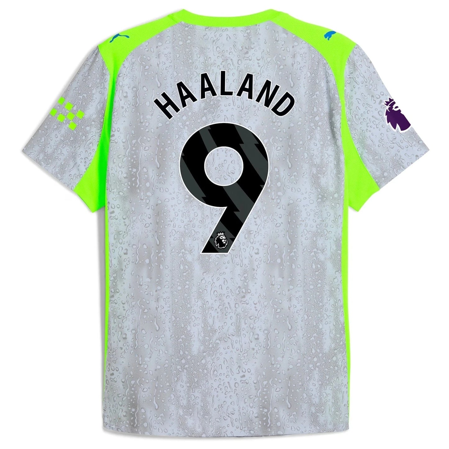 Back view of Manchester City third replica jersey showing Erling Haaland 9 name and number print