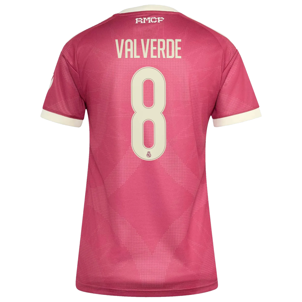 Back view of women's Real Madrid 2026-2027 third pink replica football shirt with Federico Valverde name and number 8 printing by Final Third Kit