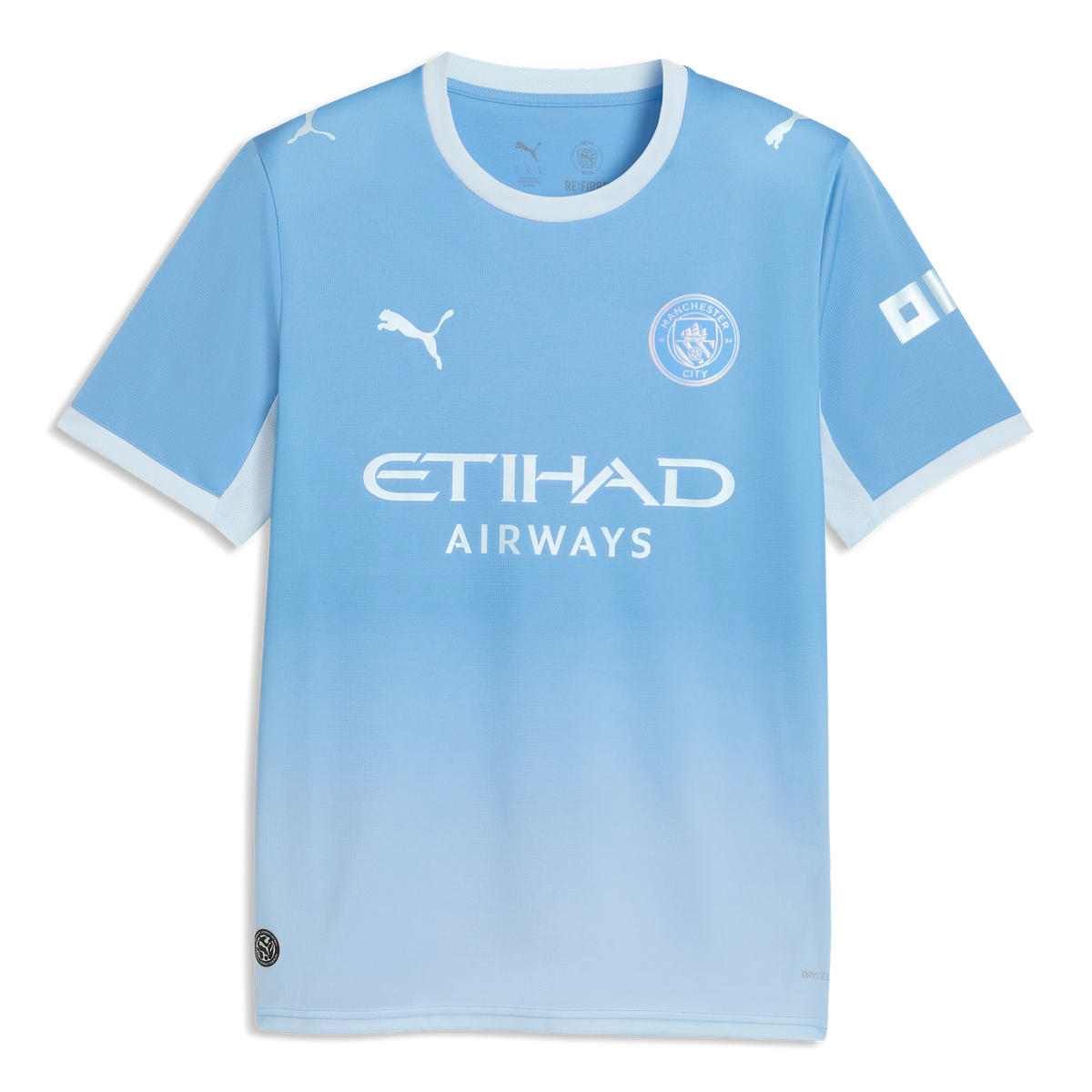 A light blue gradient Manchester City football jersey by Puma, featuring the Etihad Airways sponsor logo on the front, the Manchester City crest, and white trim on the collar and sleeve cuffs.