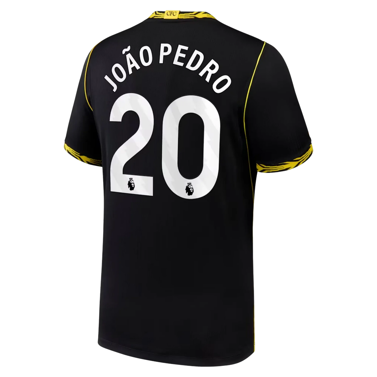 Back view of men's Chelsea 2026-2027 away black football shirt with João Pedro name and number printing by Final Third Kit
