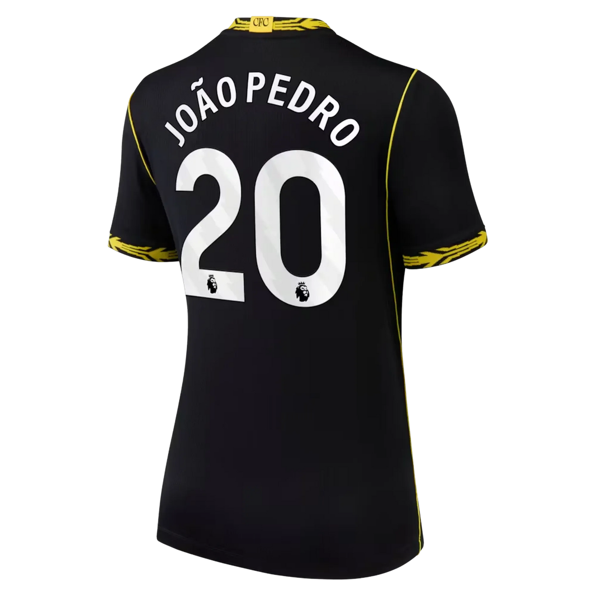 Back view of women's Chelsea 2026-2027 away black football shirt with João Pedro name and number printing by Final Third Kit