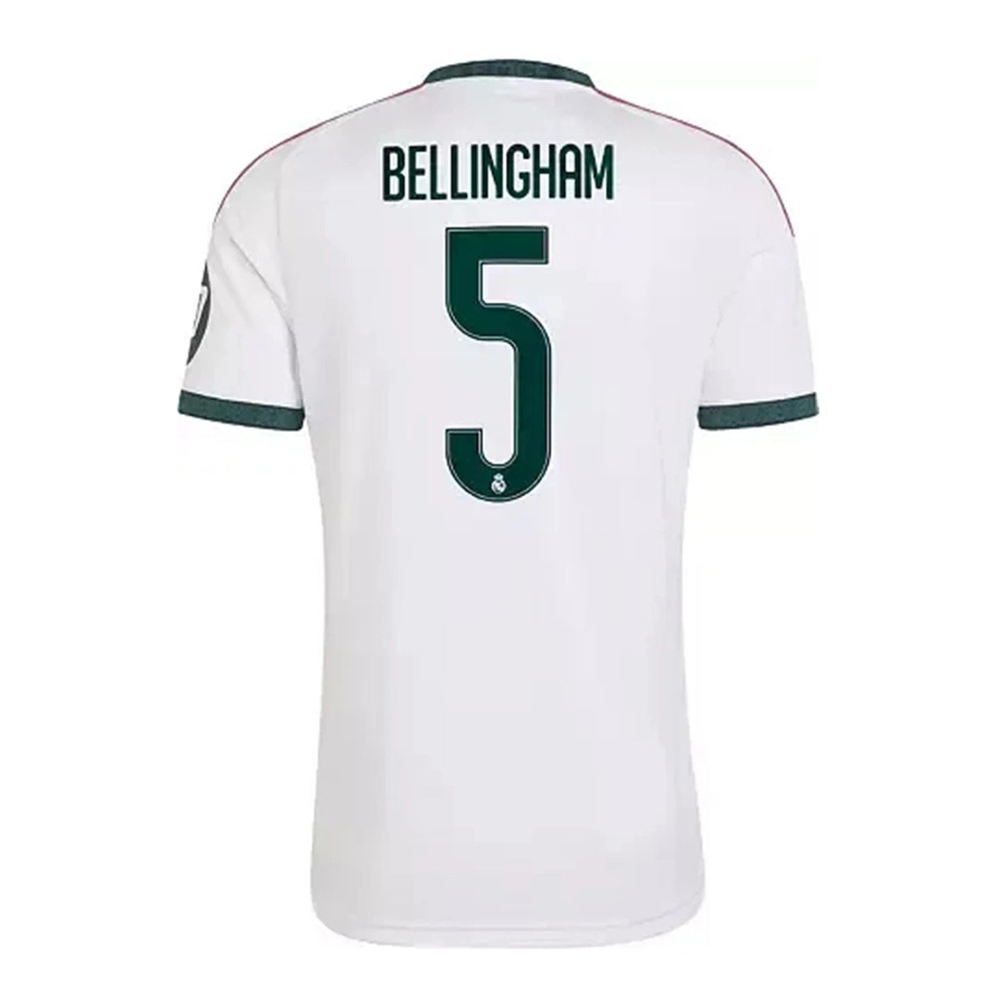Back view of men's Real Madrid 2026-2027 home white football shirt with Jude Bellingham name and number 5 printing by Final Third Kit