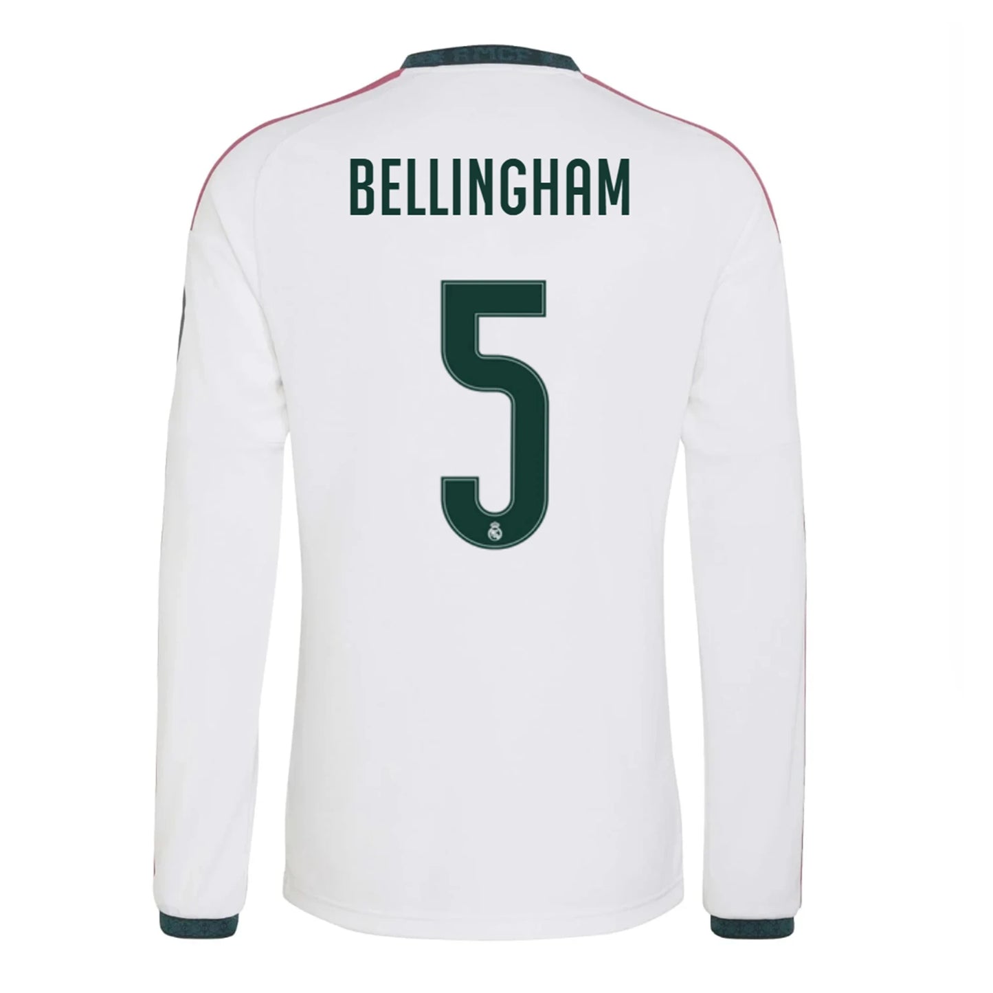 Back view of men's Real Madrid 2026-2027 home white long sleeve football shirt with Judy Bellingham name and number 5 printing by Final Third Kit