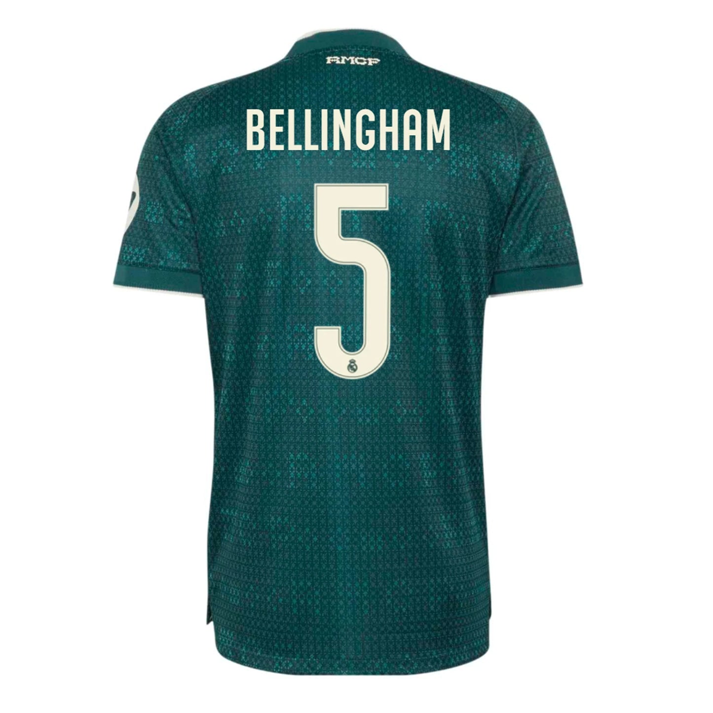 Back view of men's Real Madrid 2026-2027 away green on-field authentic football shirt with Judy Bellingham name and number 5 printing by Final Third Kit