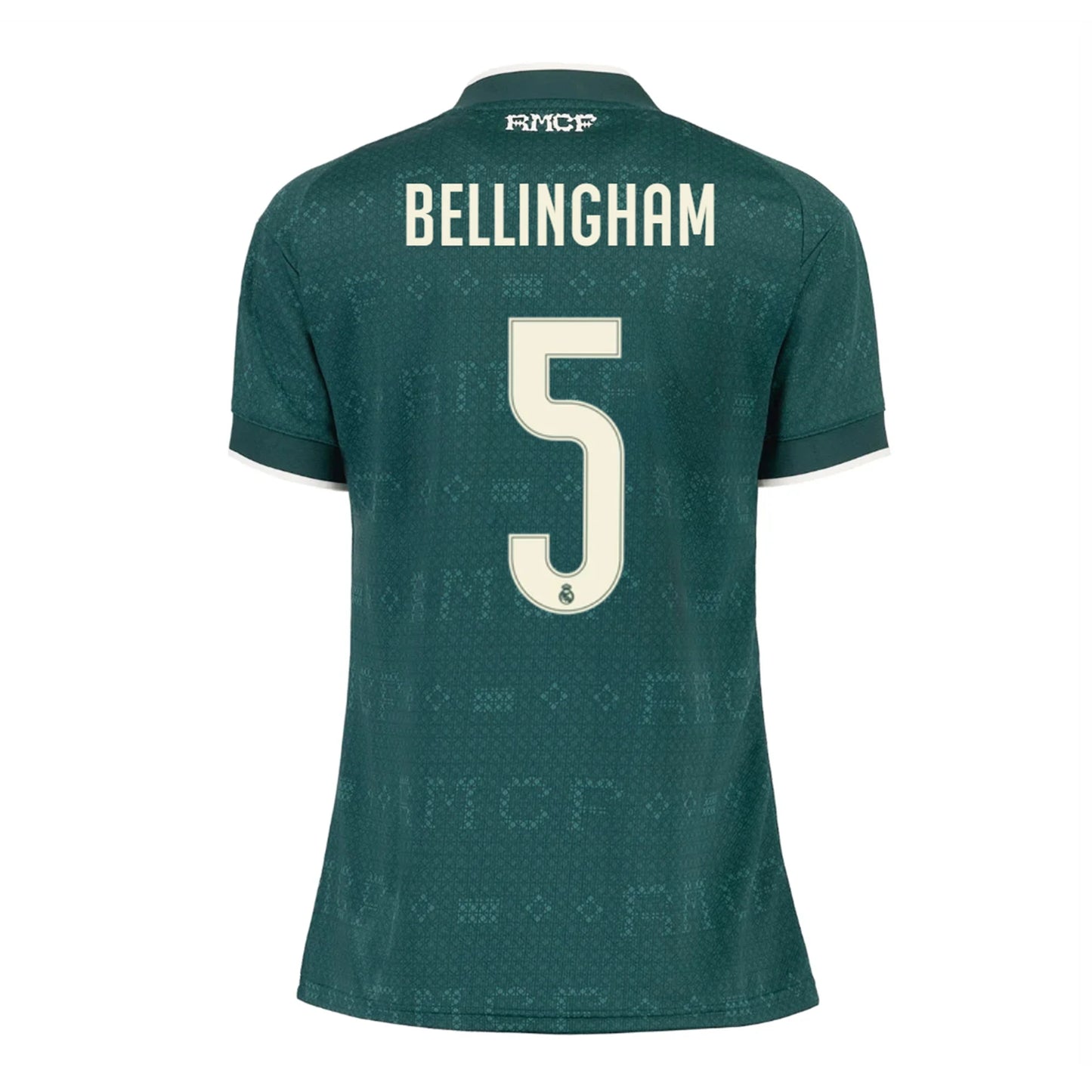 Back view of women's Real Madrid 2026-2027 away green football shirt with Judy Bellingham name and number 5 printing by Final Third Kit
