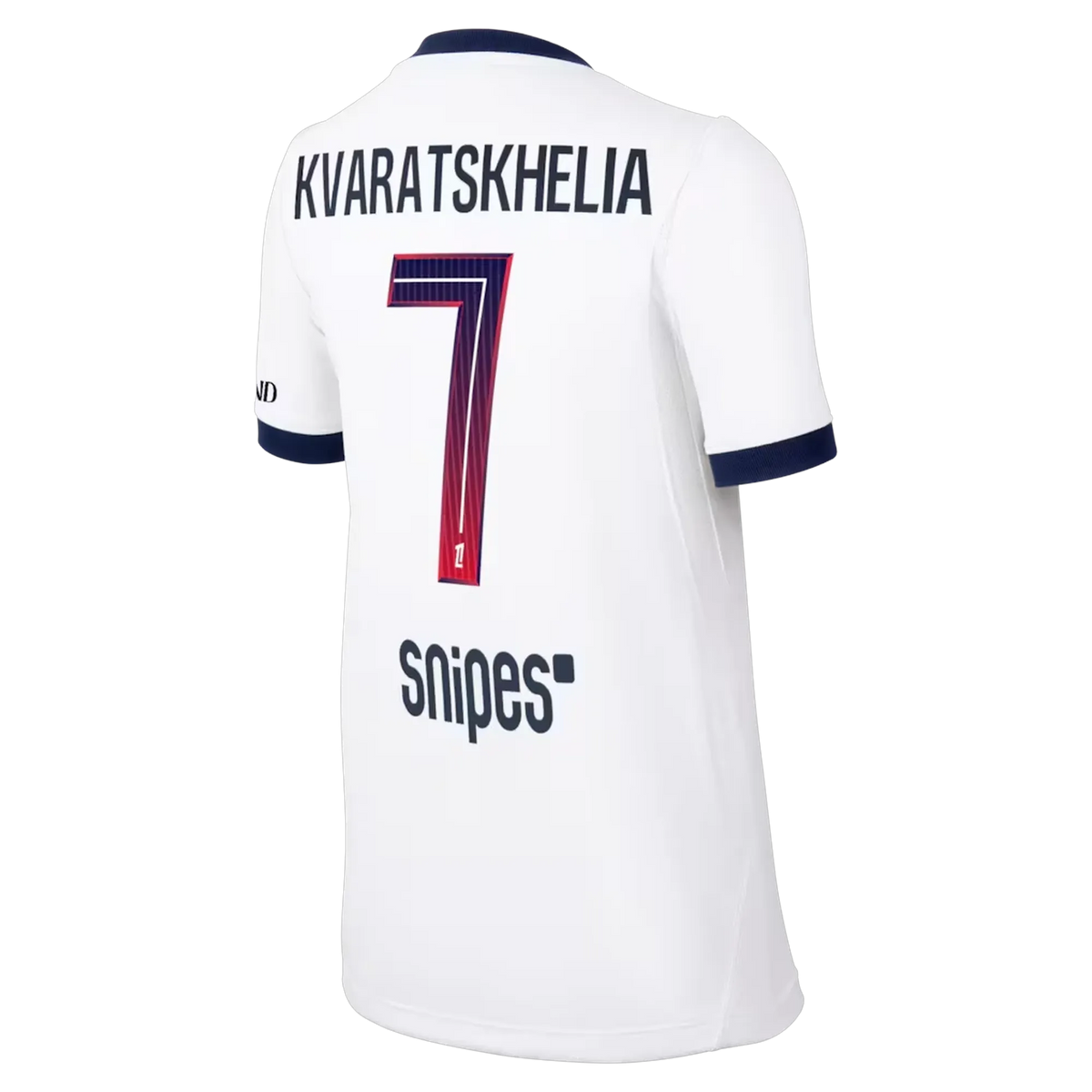 Back view of youth Paris Saint-Germain 2026-2027 away white match authentic football shirt with Kvaratskhelia name and number 7 printing by Final Third Kit
