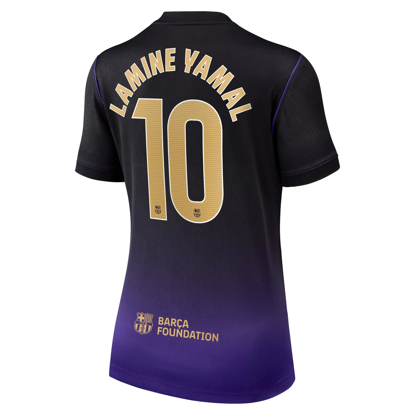 Back view of women's Barcelona 2026-2027 away purple stadium replica football shirt with Lamine Yamal name and number 19 printing by Final Third Kit
