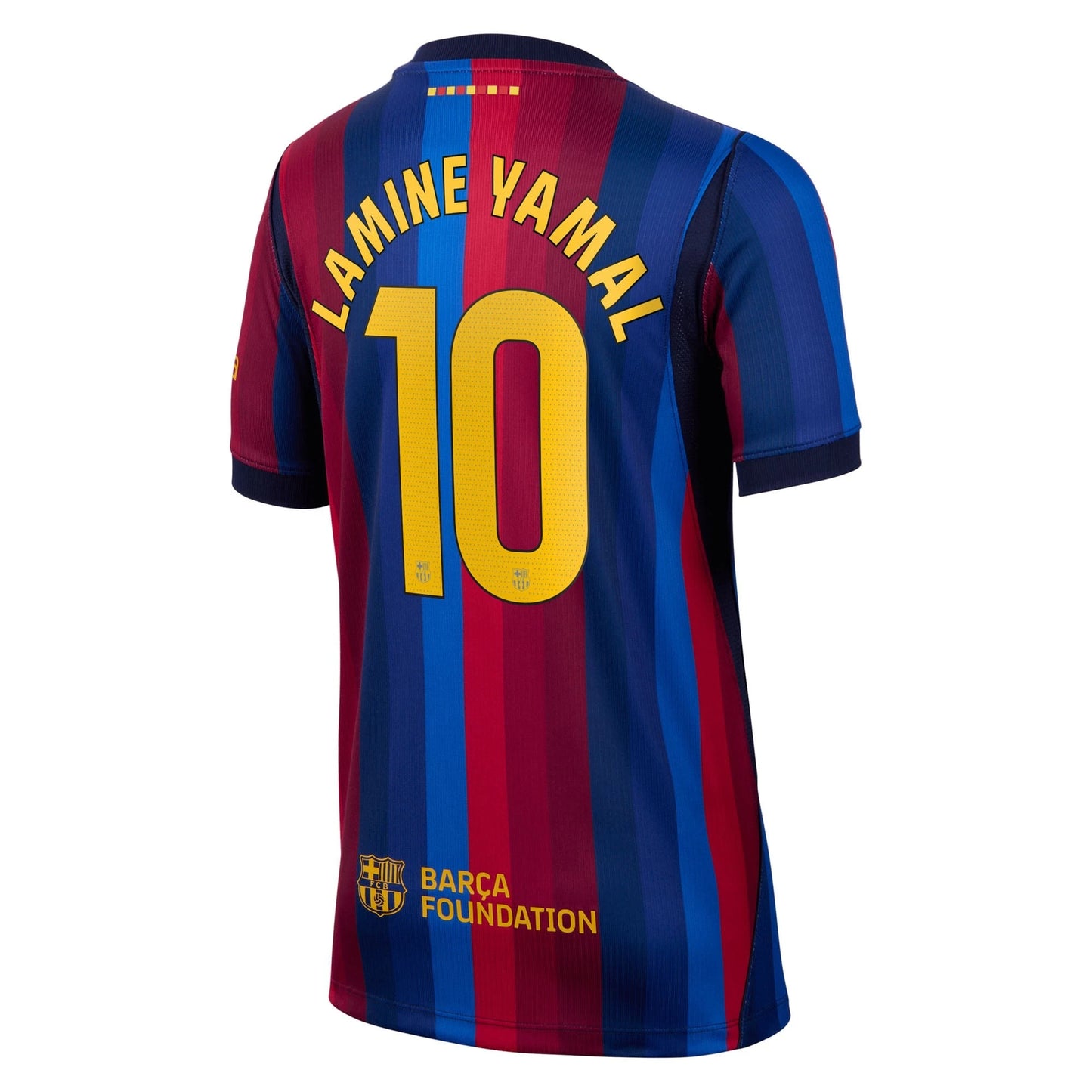 Back view of youth Barcelona 2026-2027 home blue and red stripes stadium replica football shirt with Lamine Yamal name and number 19 printing by Final Third Kit