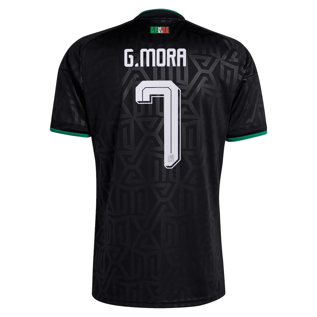 back view of Mexico national team 2026 third black soccer jersey with G. MORA #7 custom print