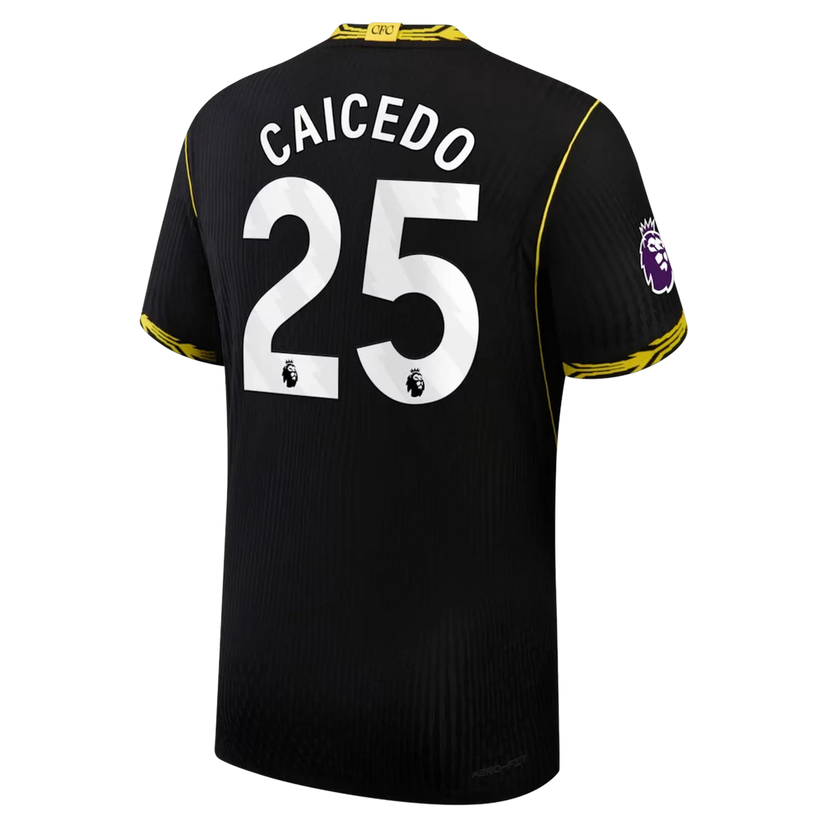 Back view of men's Chelsea 2026-2027 away black football shirt with Moisés Caicedo name and number printing by Final Third Kit