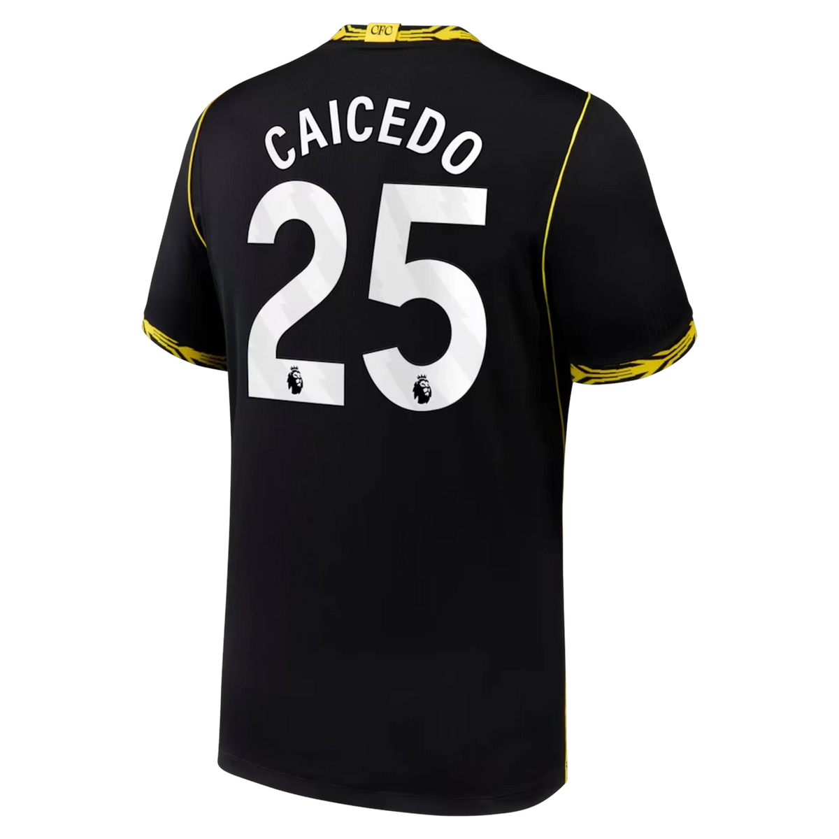 Back view of men's Chelsea 2026-2027 away black football shirt with Moisés Caicedo name and number printing by Final Third Kit