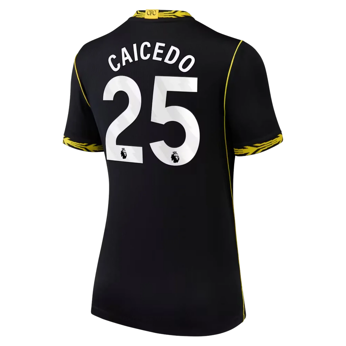 Back view of women's Chelsea 2026-2027 away black football shirt with Moisés Caicedo name and number printing by Final Third Kit