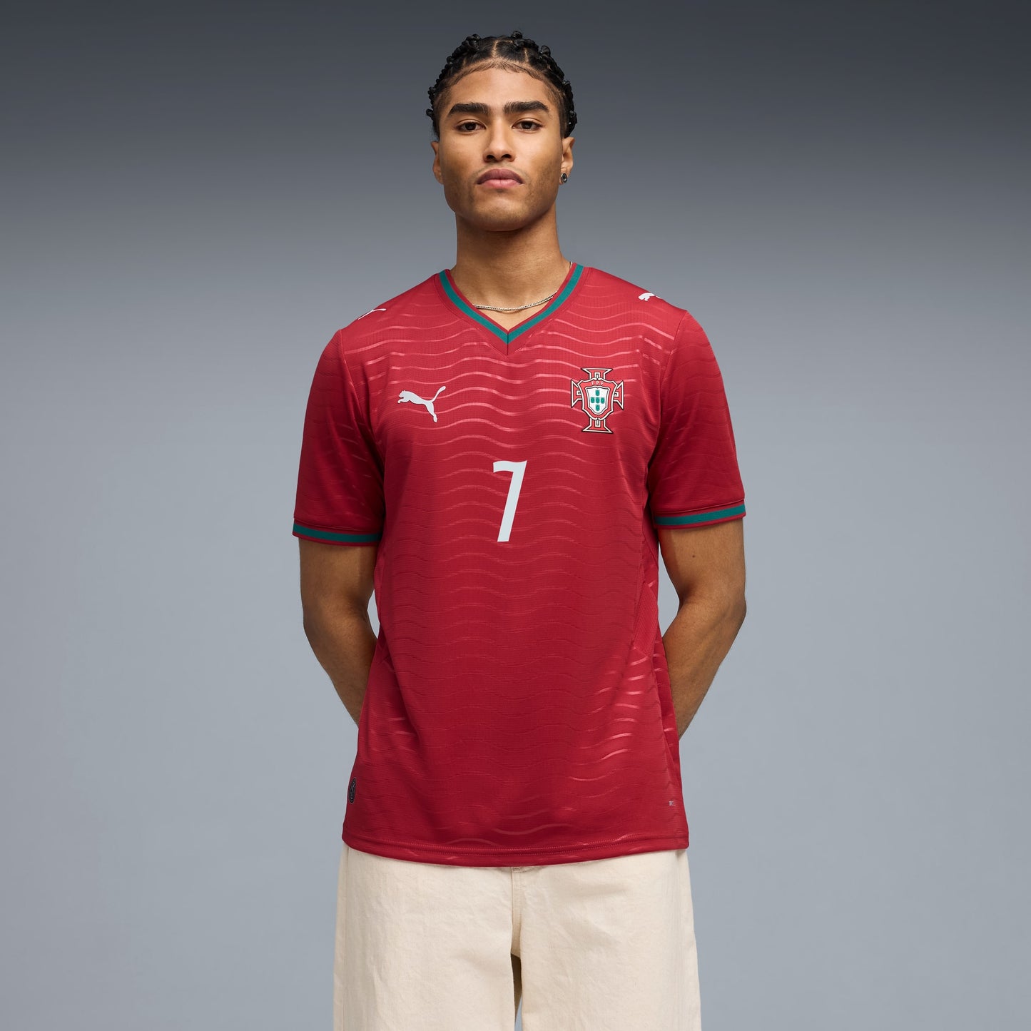 Person wearing a Portugal national team 2026 home stadium jersey with RONALDO #7 custom print front view