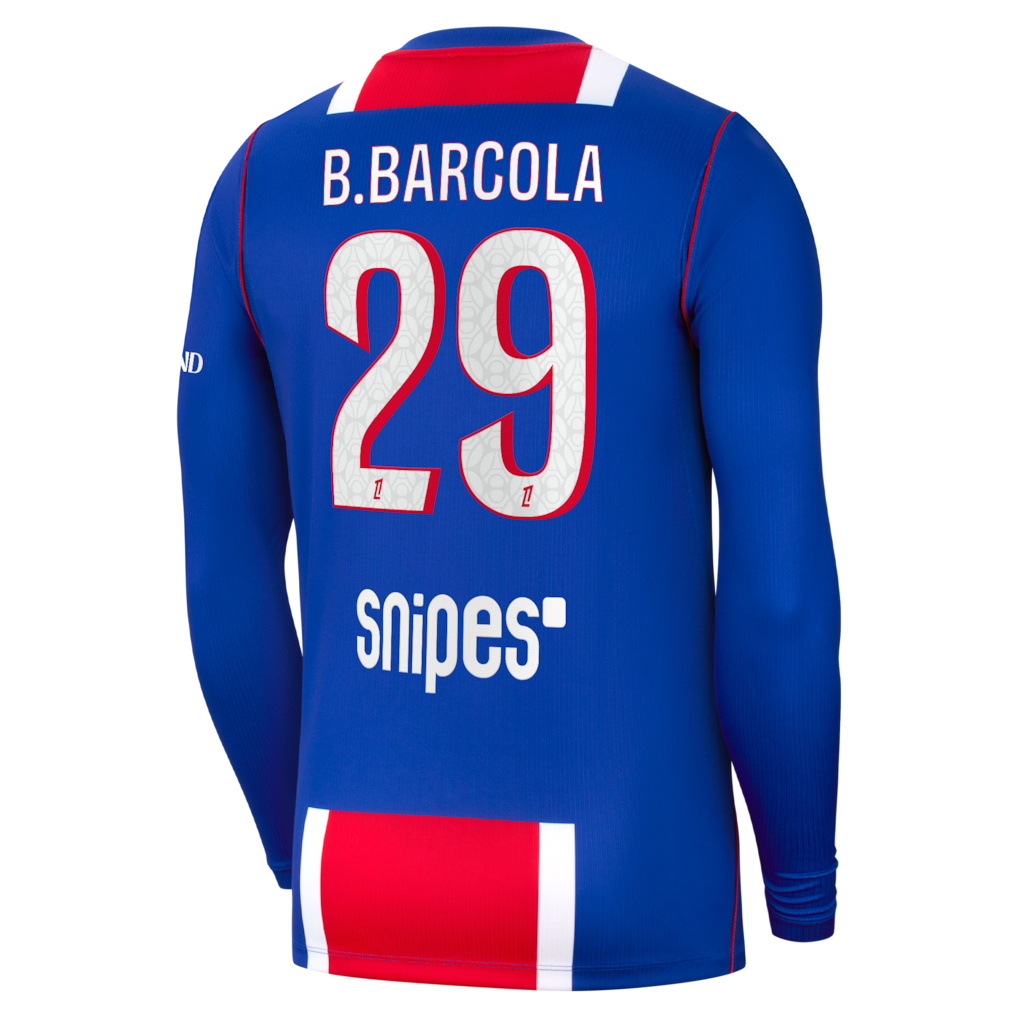 back view of PSG 2026/27 long sleeve home jersey with B.BARCOLA #29 custom print