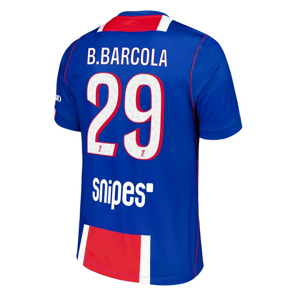 back view of PSG 2026/27 home jersey with B.BARCOLA #29 custom print