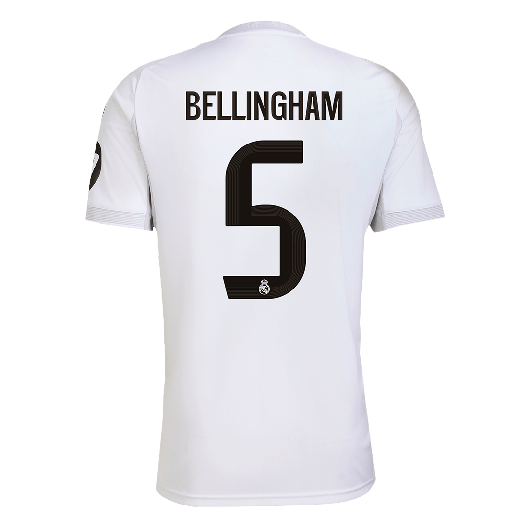 Back view of Real Madrid home replica jersey showing Bellingham 5 name and number print