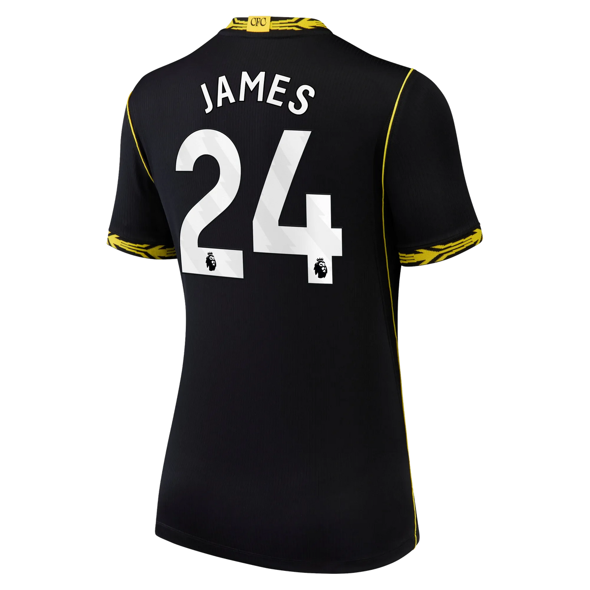 Back view of women's Chelsea 2026-2027 away black football shirt with Reece James name and number printing by Final Third Kit