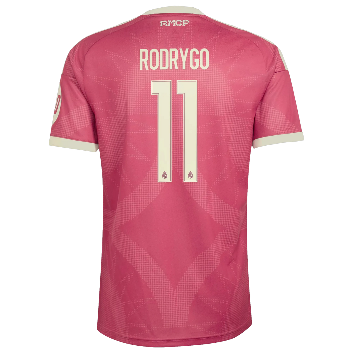 Back view of men's Real Madrid 2026-2027 third pink replica football shirt with Rodrygo name and number 11 printing by Final Third Kit