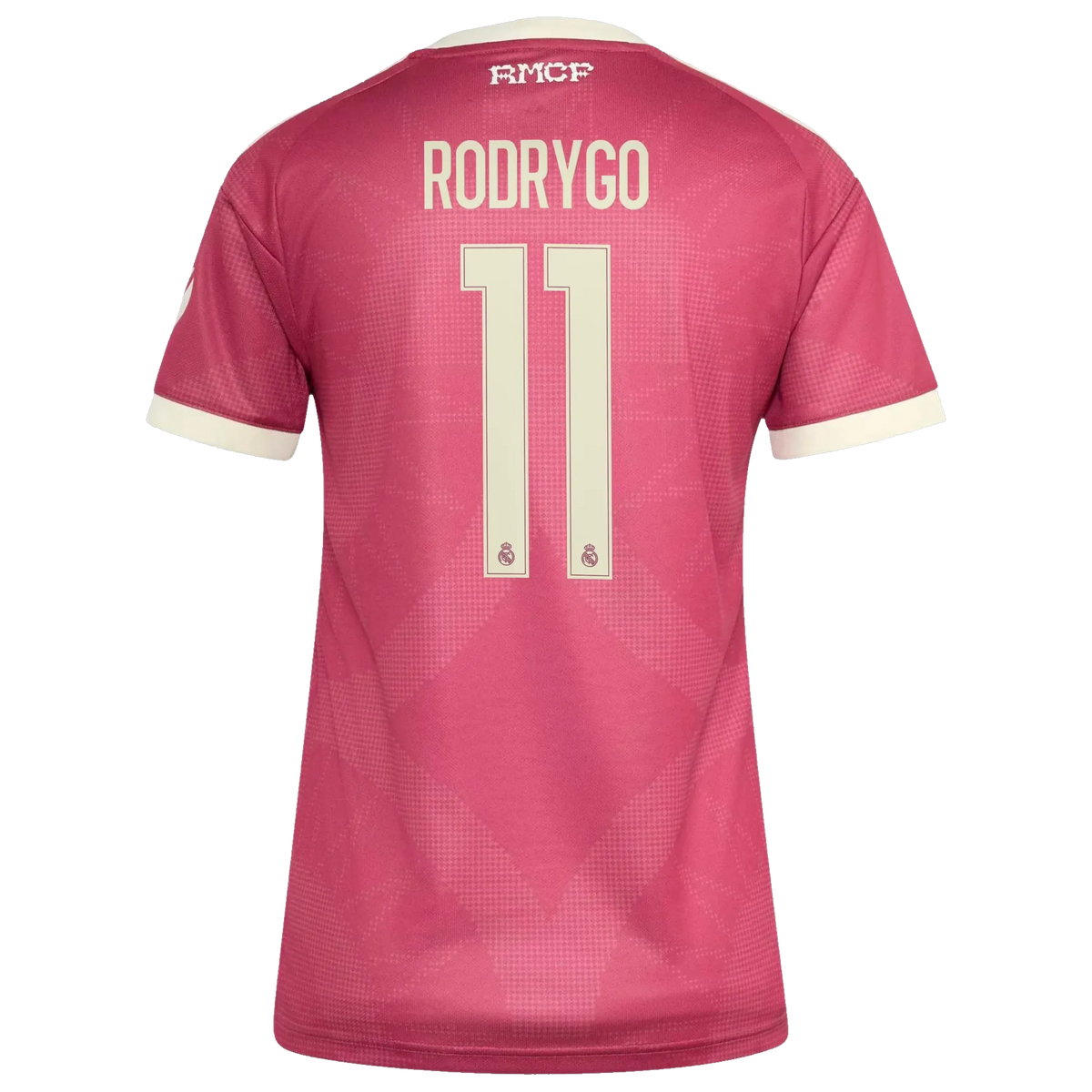 Back view of women's Real Madrid 2026-2027 third pink replica football shirt with Rodrygo name and number 11 printing by Final Third Kit