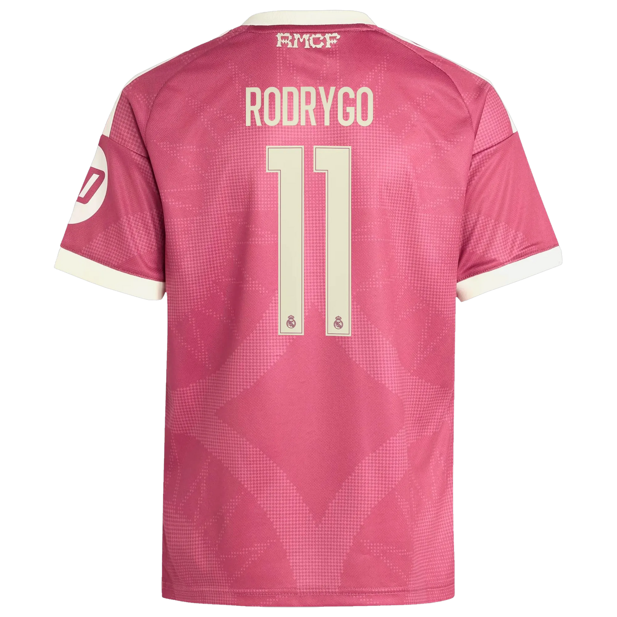 Back view of youth Real Madrid 2026-2027 third pink replica football shirt with Rodrygo name and number 11 printing by Final Third Kit
