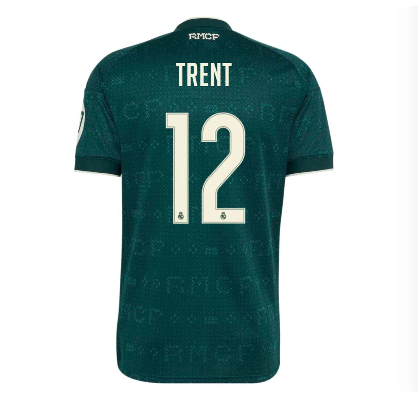 Back view of men's Real Madrid 2026-2027 away green stadium replica football shirt with Trent Alexander-Arnold name and number 12 printing by Final Third Kit