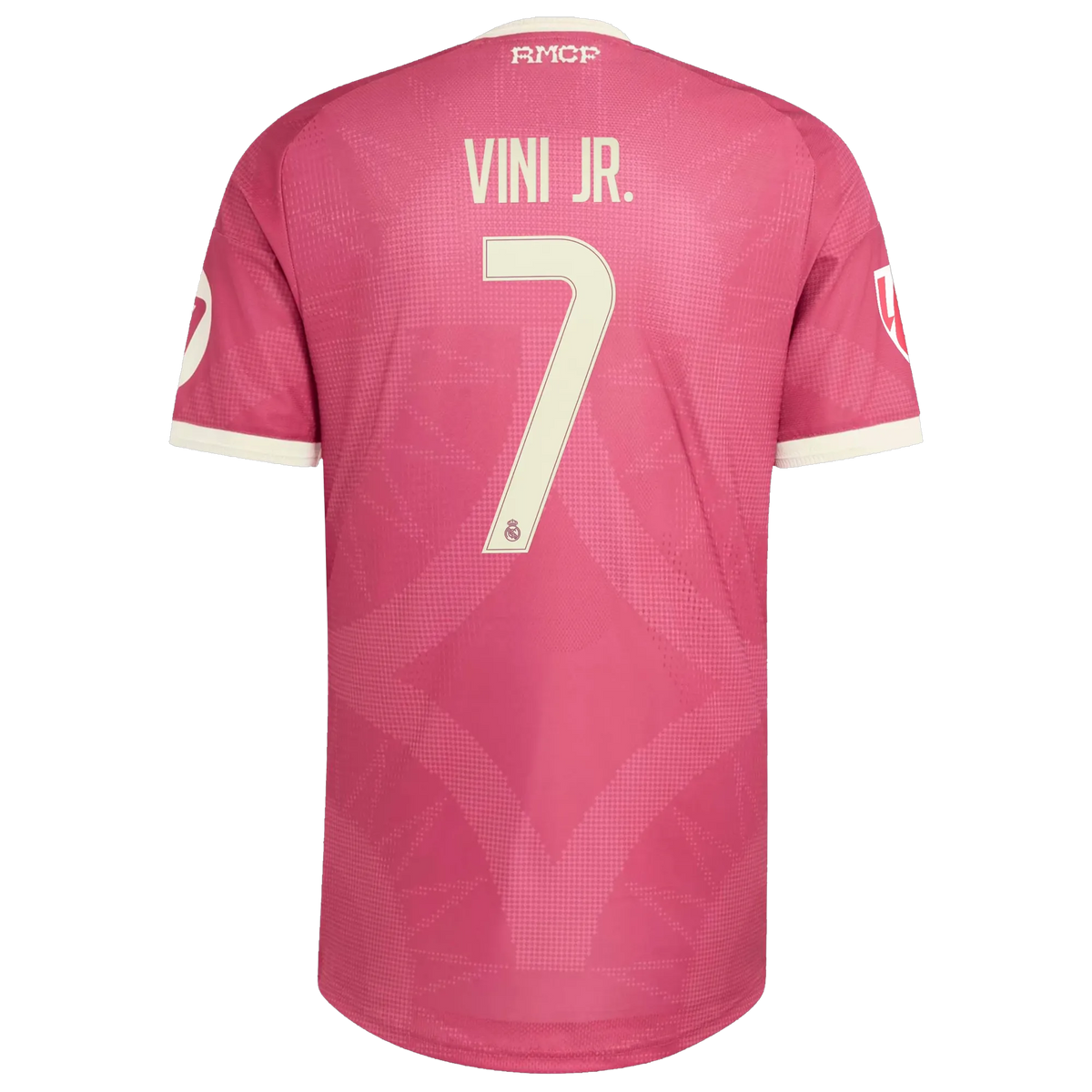 Back view of men's Real Madrid 2026-2027 third pink on-field authentic football shirt with Vini Jr. name and number 7 printing by Final Third Kit