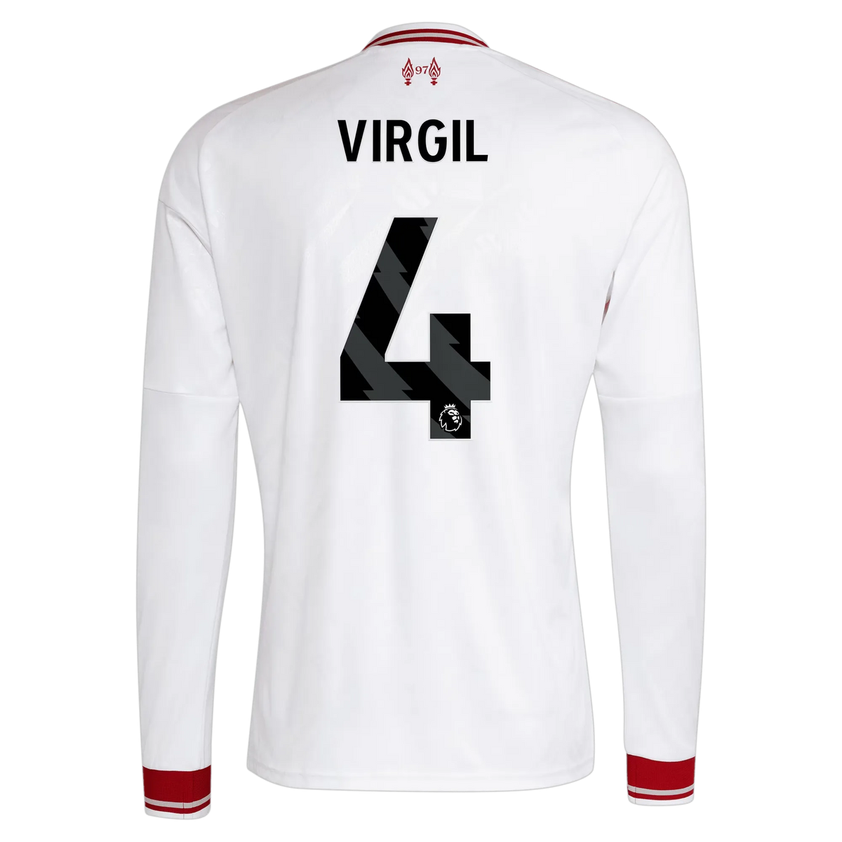 Back view of men's Liverpool 2026-2027 away white replica long sleeve football shirt with Virgil van Dijk name and number 4 printing by Final Third Kit