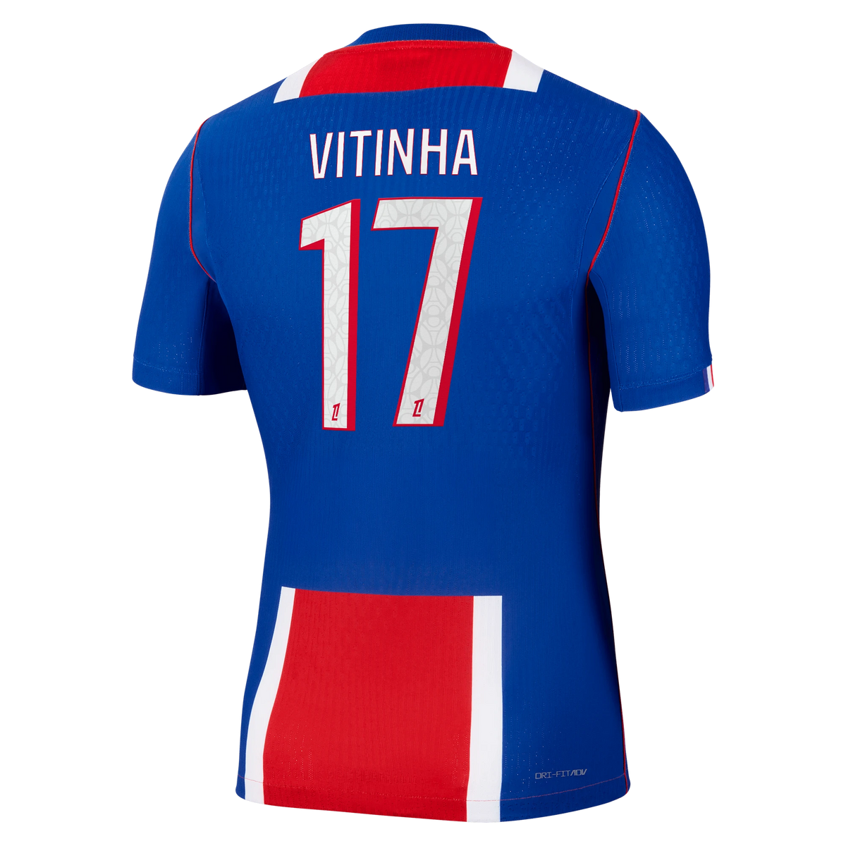 Back view of men's Paris Saint-Germain 2026-2027 home blue match authentic football shirt with Vitinha name and number 17 printing by Final Third Kit