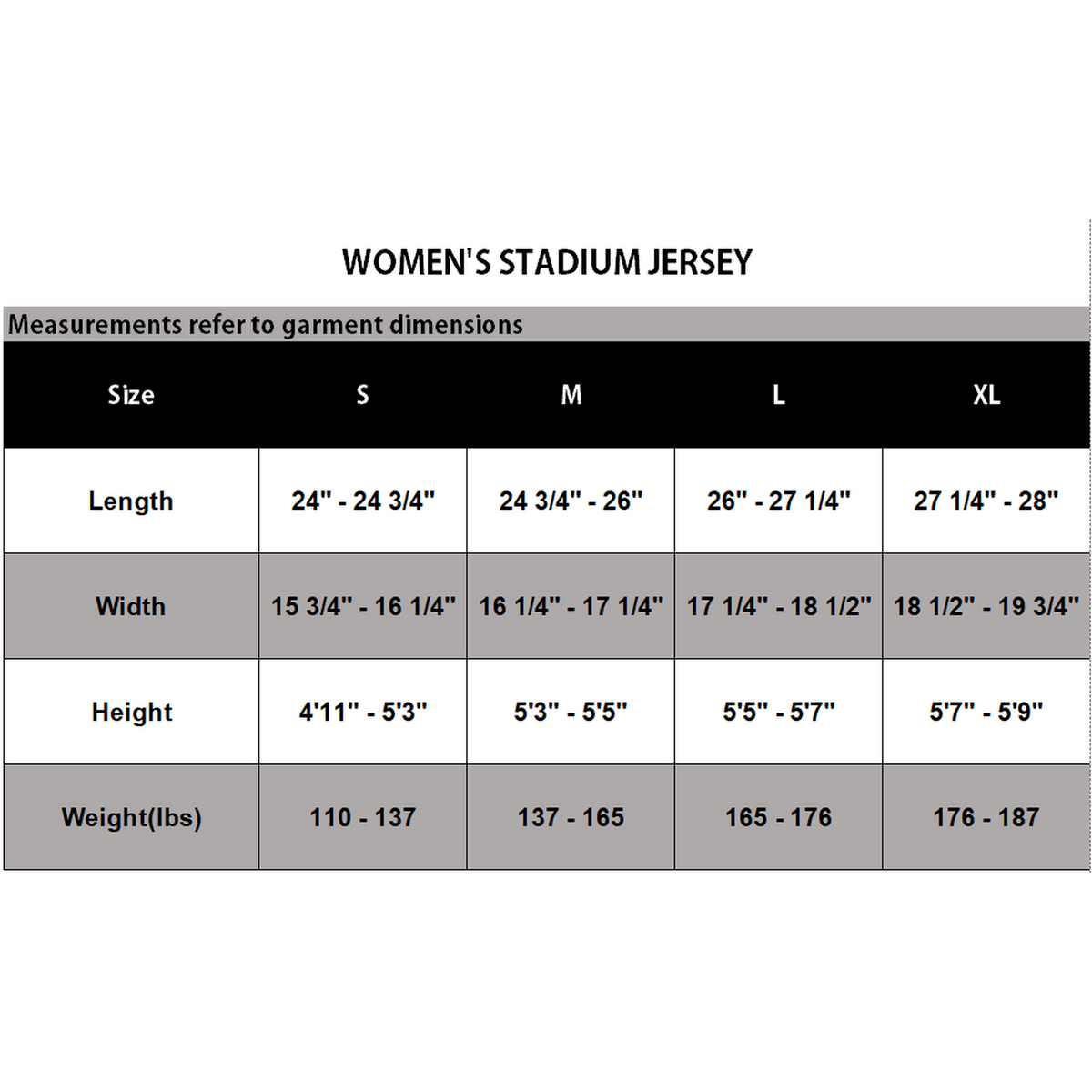 A size measurement chart for women's stadium jerseys, showing dimensions for sizes S, M, L, and XL including length, width, height, and weight in inches and pounds.