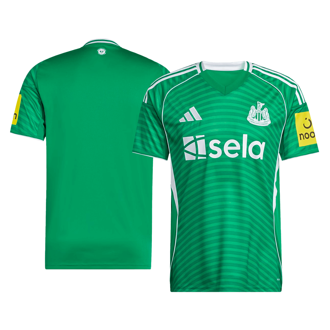 Newcastle United 2025/26 away custom jersey front and back combined view with navy blue design and gold accents on front, blank back ready for personalization