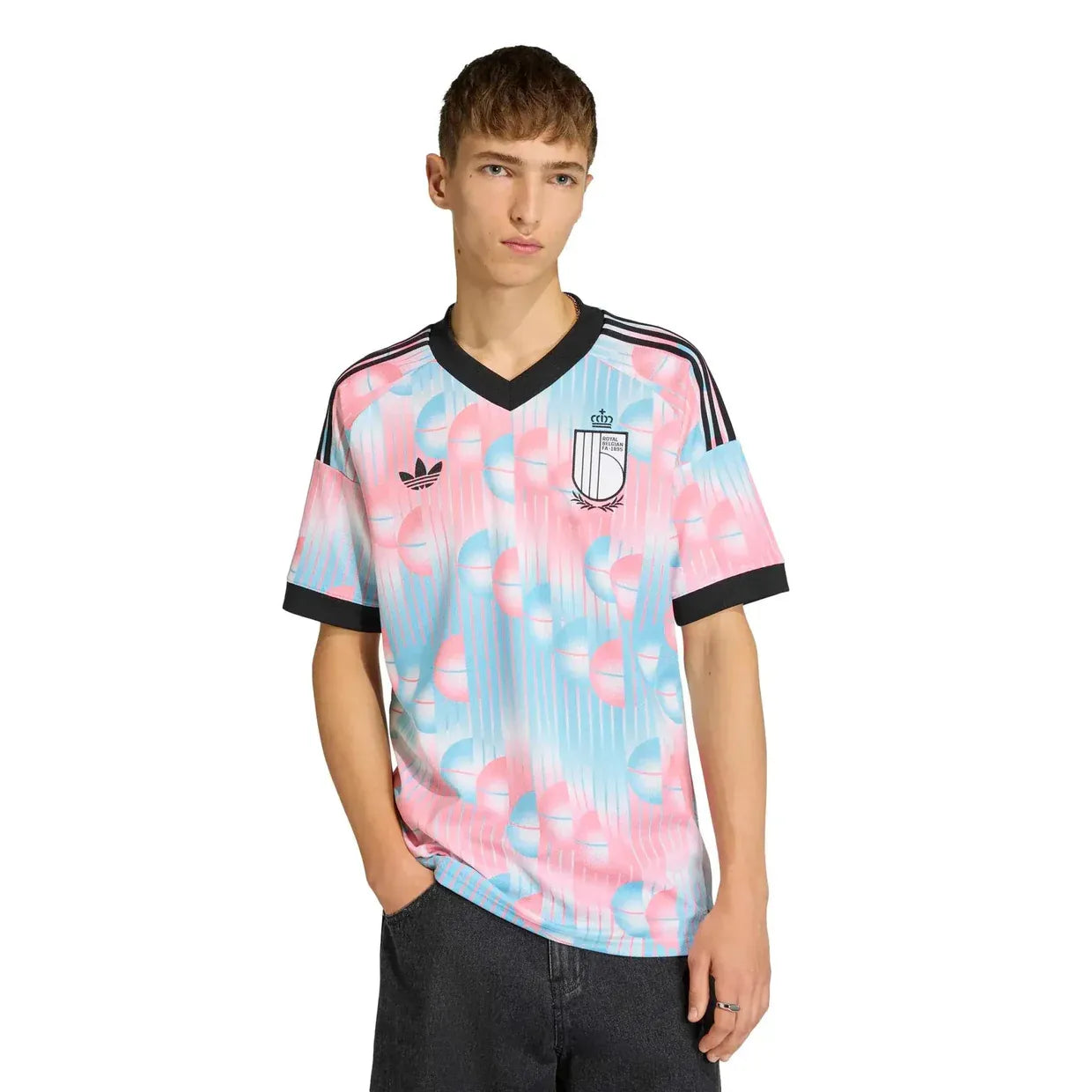 Model Wearing A Belgium 2026 World Cup Away Stadium Replica Jersey