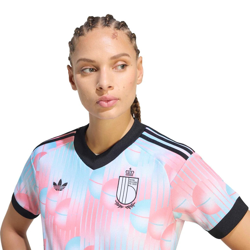 model wearing a belgium 2026 away jersey