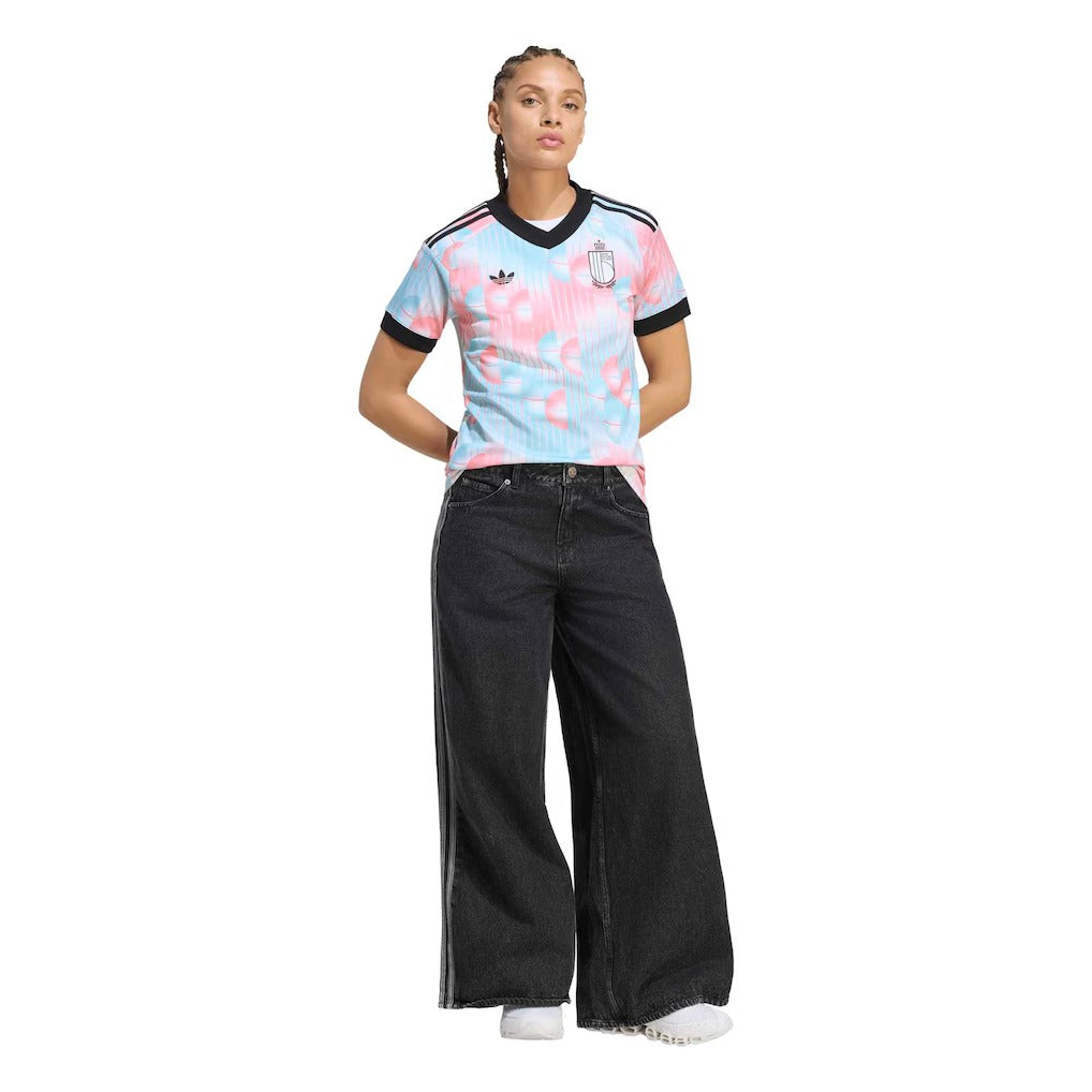 model wearing a belgium 2026 away jersey