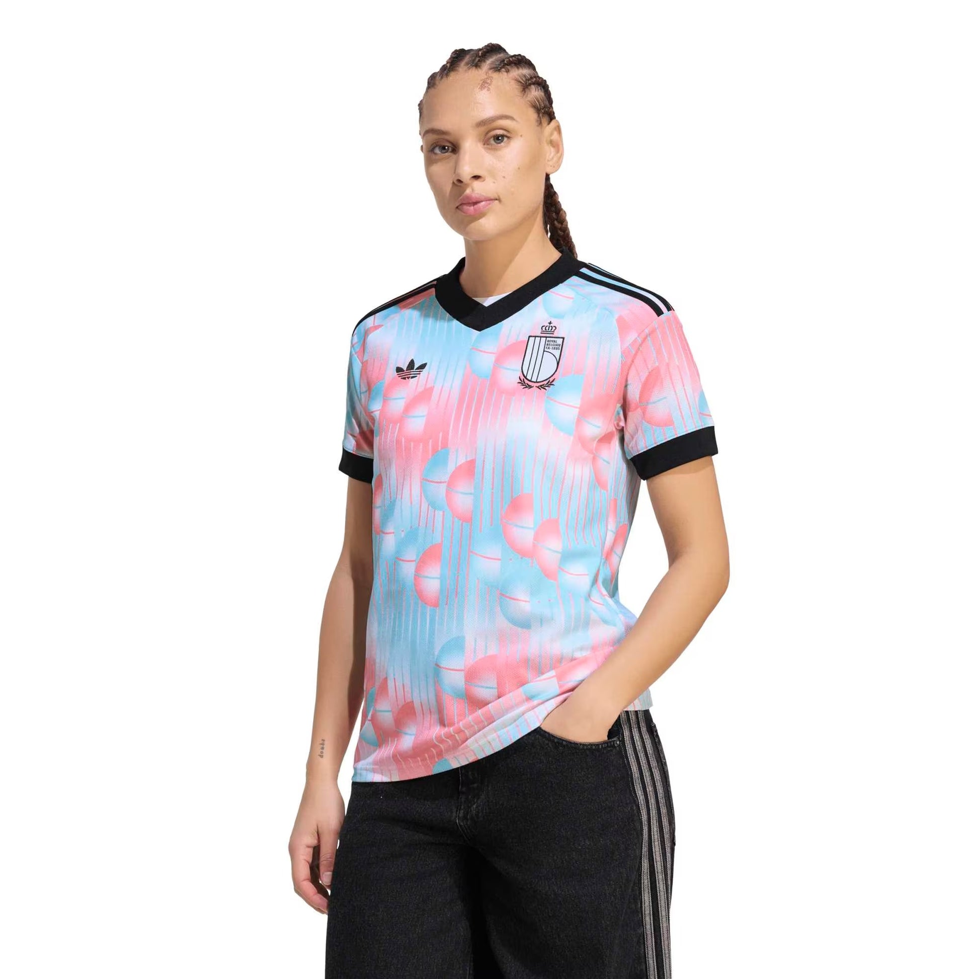 model wearing a belgium 2026 away jersey